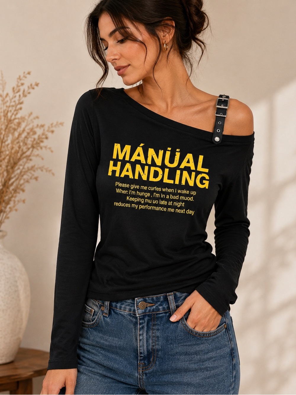 Off-Shoulder Black Long Sleeve Top with Yellow